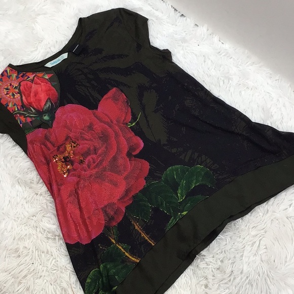 Desigual Floriana green/red flowers tee shirt S - Picture 12 of 13